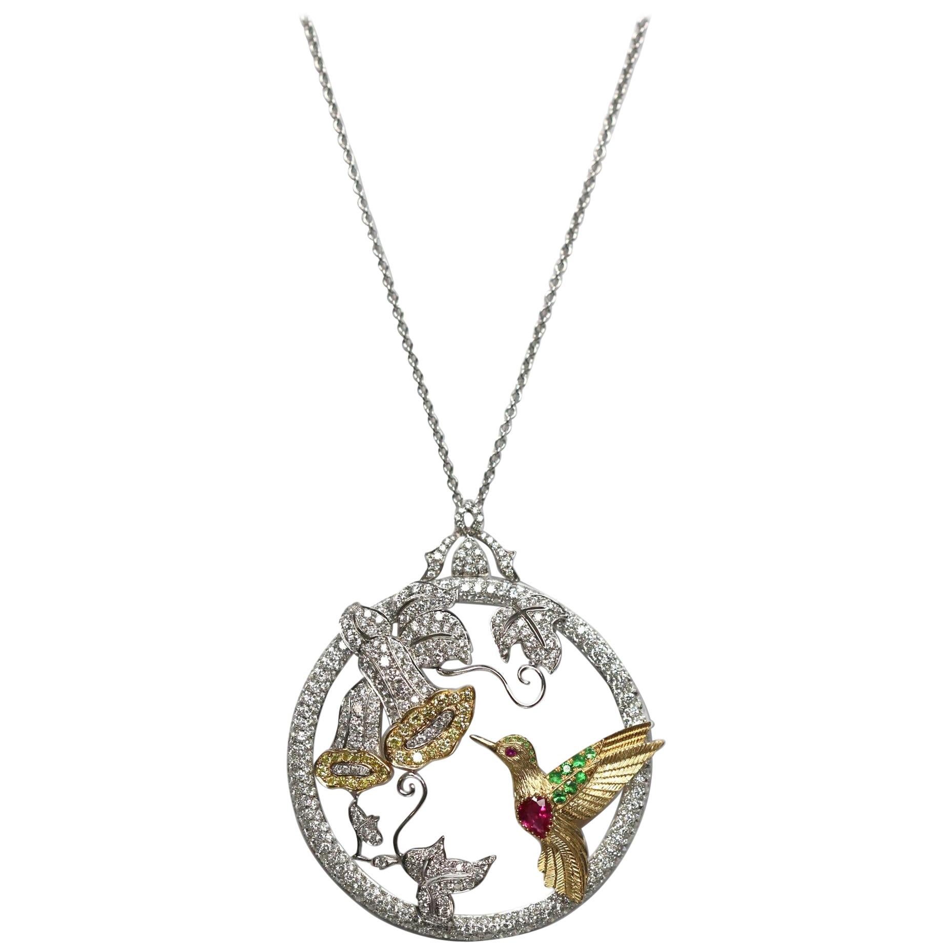Diamond, Ruby, Demantoid Garnet and Gold Hummingbird Pendant Necklace