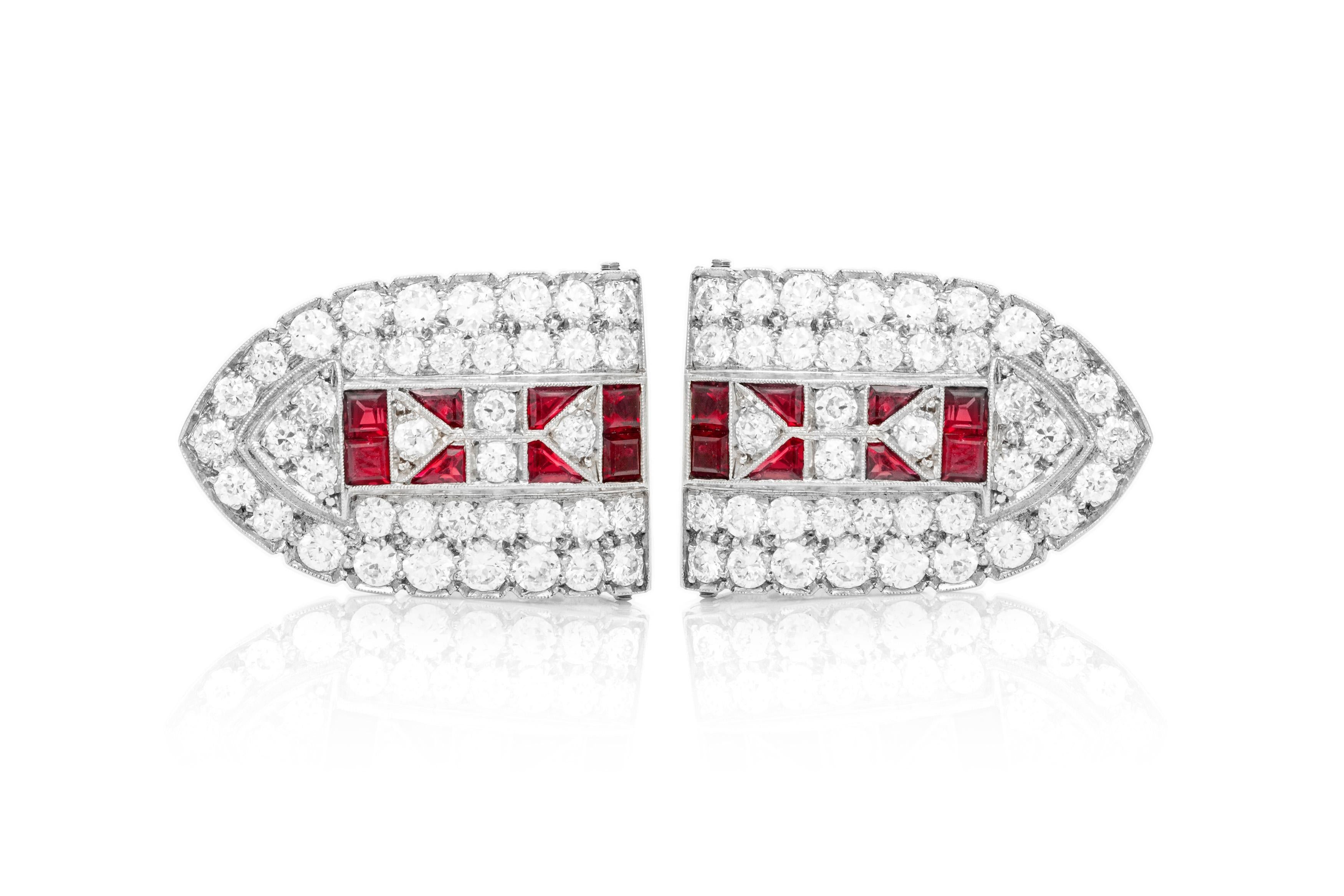 Diamond Ruby Double Clip In Good Condition For Sale In New York, NY