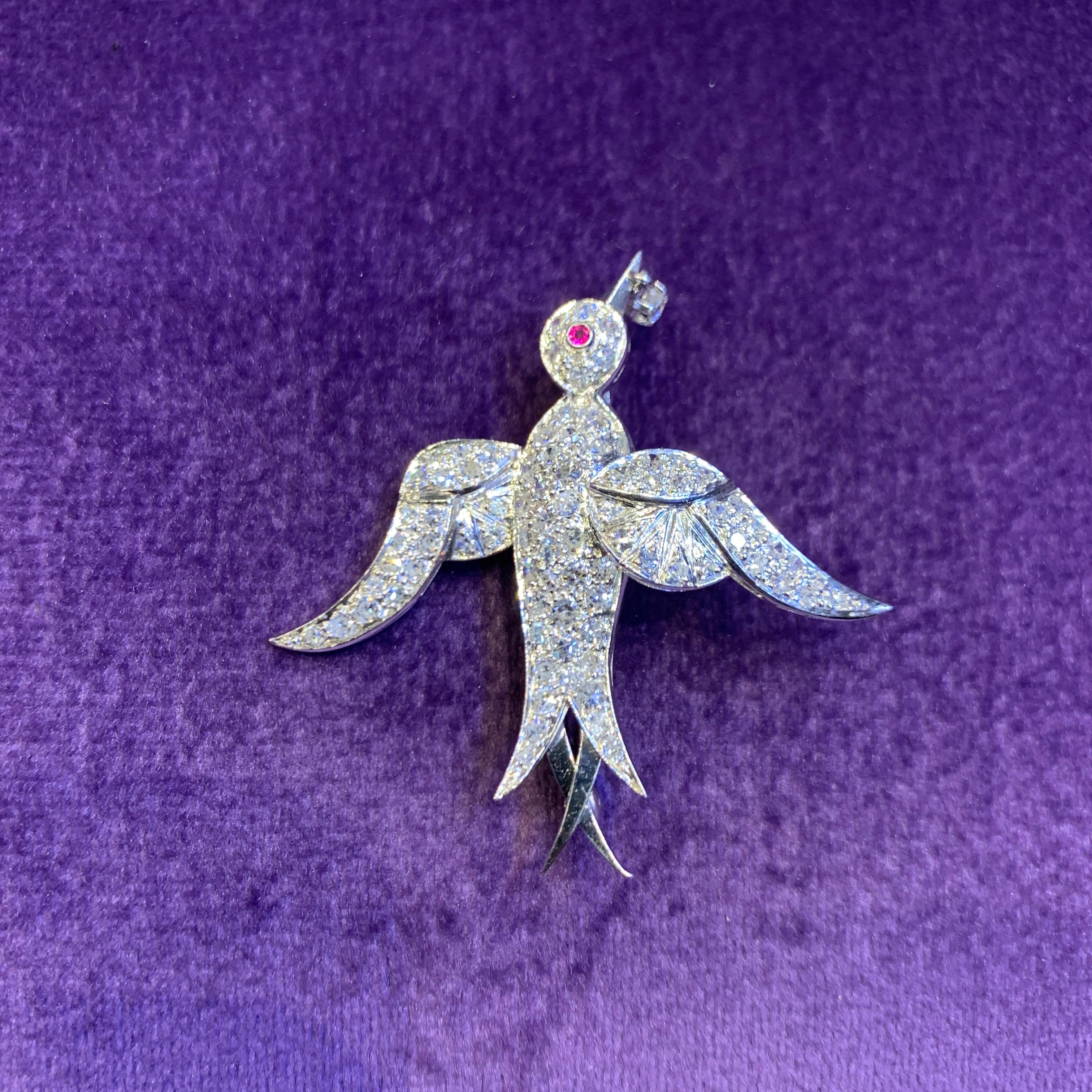 Round Cut Diamond & Ruby Dove Brooch For Sale