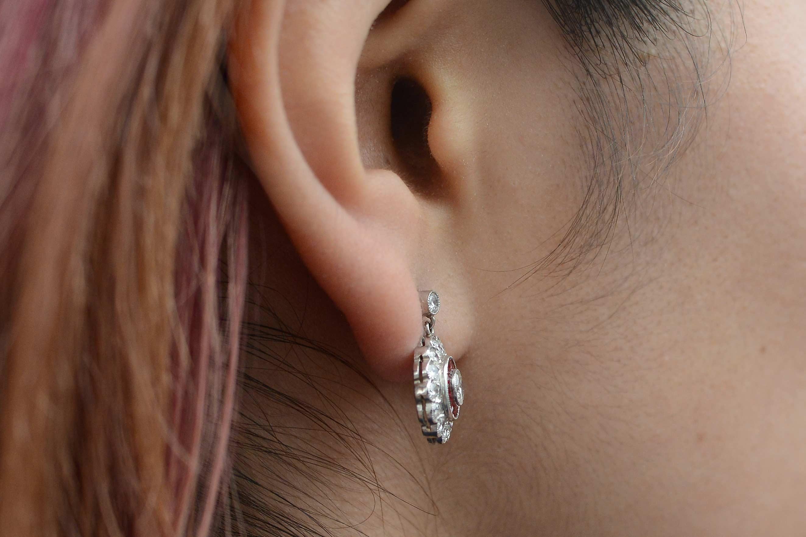 Round Cut Diamond Ruby Drop Earrings Dangle Halo Platinum Art Deco Edwardian Revival