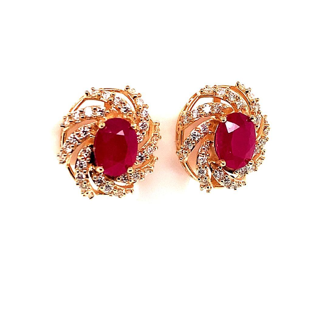 Diamond Ruby Earrings 14 Karat Yellow Gold 3.64 TCW Certified For Sale 1