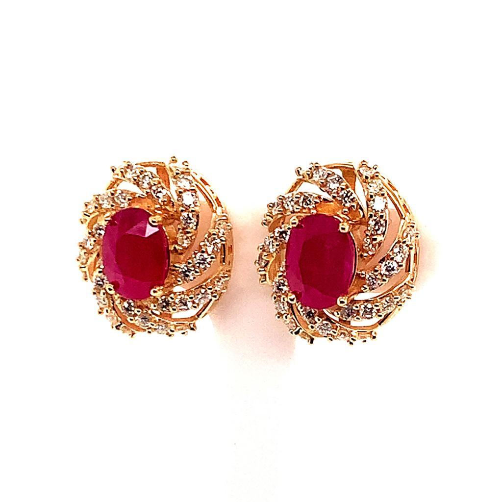 Diamond Ruby Earrings 14 Karat Yellow Gold 3.64 TCW Certified For Sale 3