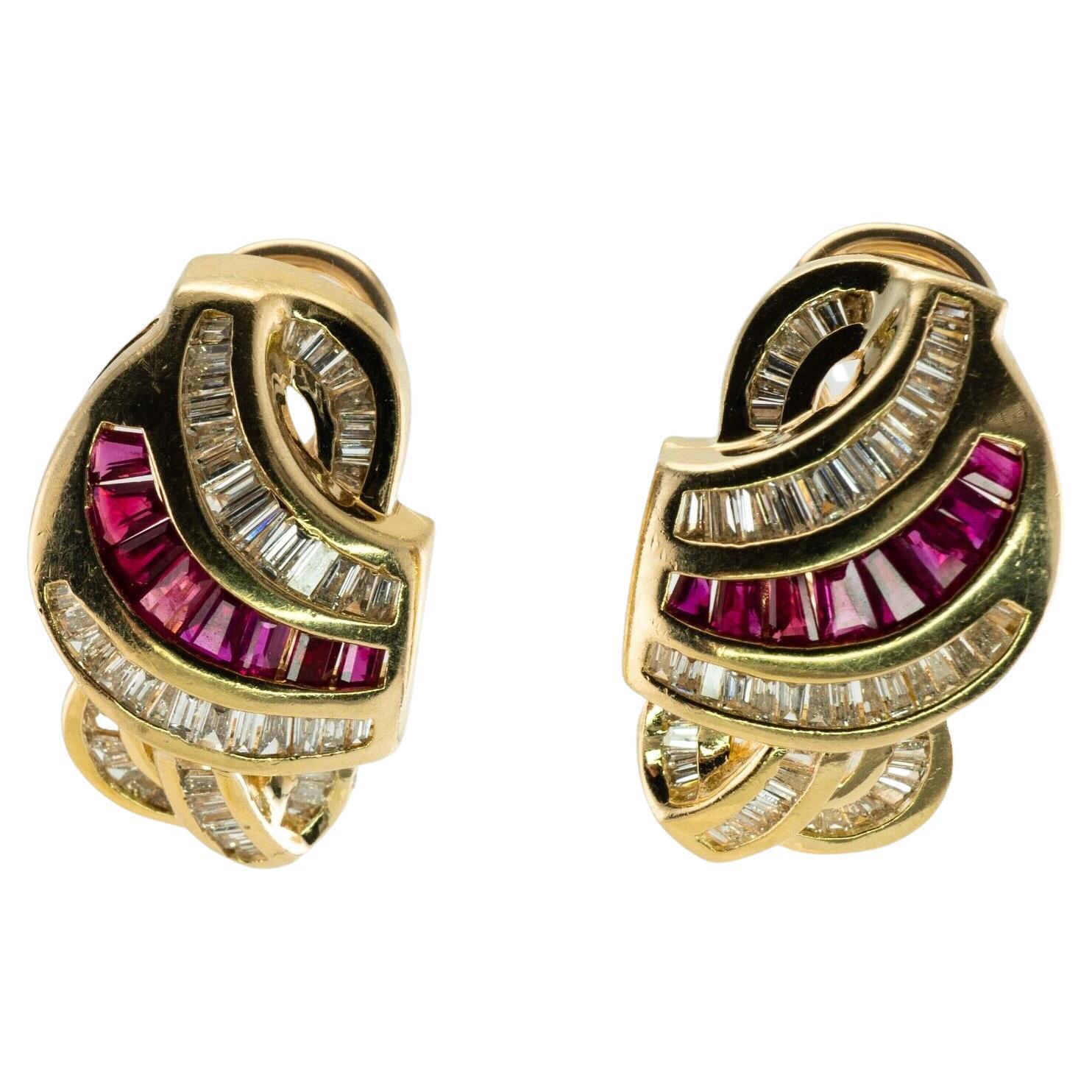 Diamond Ruby Earrings 14K Gold Estate Omega Backs For Sale