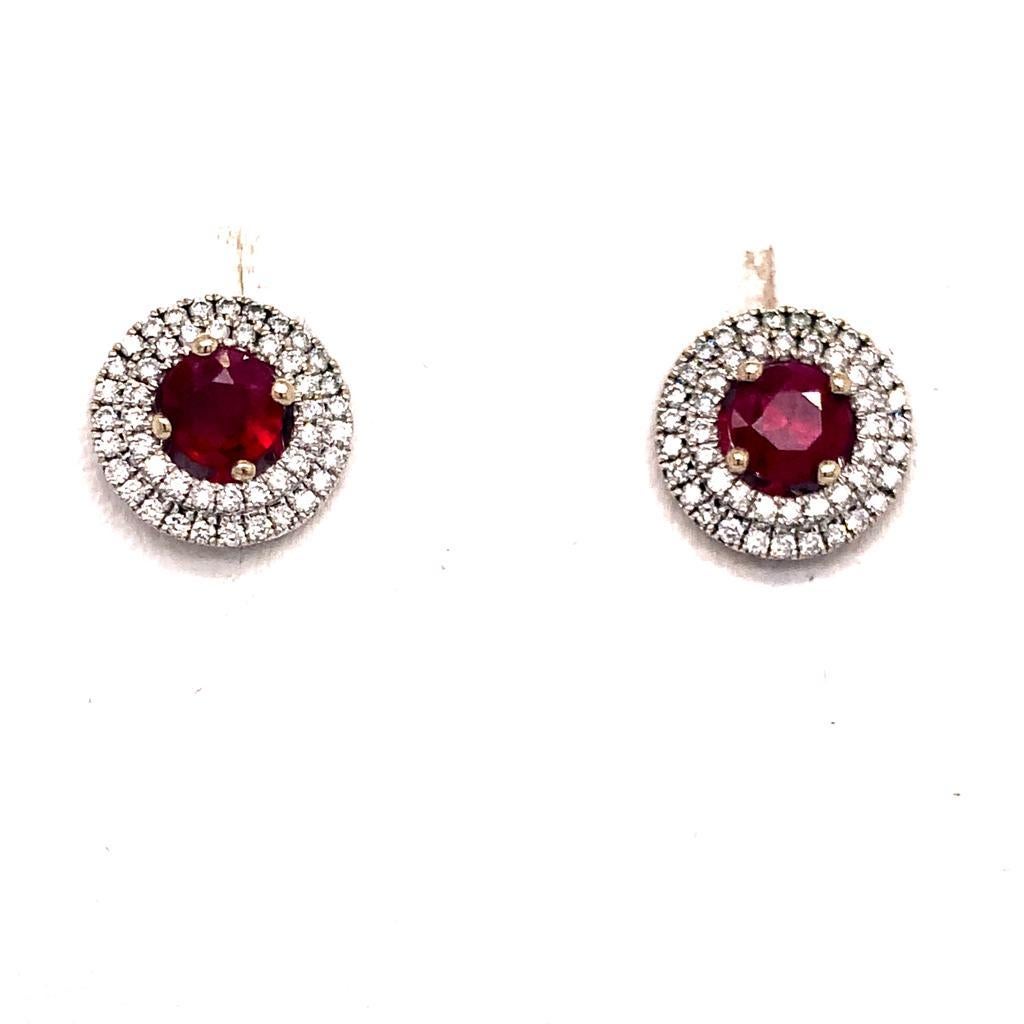 Round Cut Diamond Ruby Earrings 18 Karat White Gold 1.36 TCW Certified For Sale