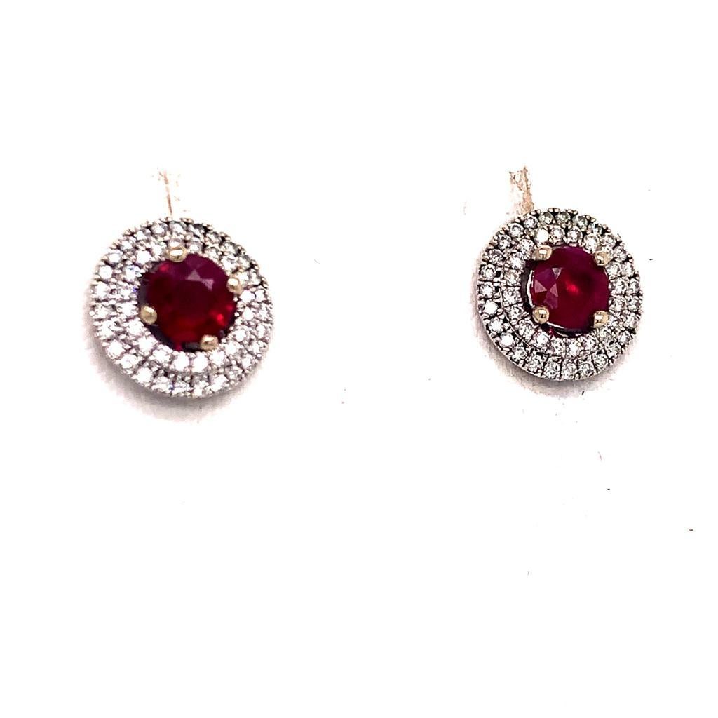 Women's Diamond Ruby Earrings 18 Karat White Gold 1.36 TCW Certified For Sale
