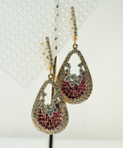 Diamond Ruby Earrings Dangle Drop Estate 14K Gold