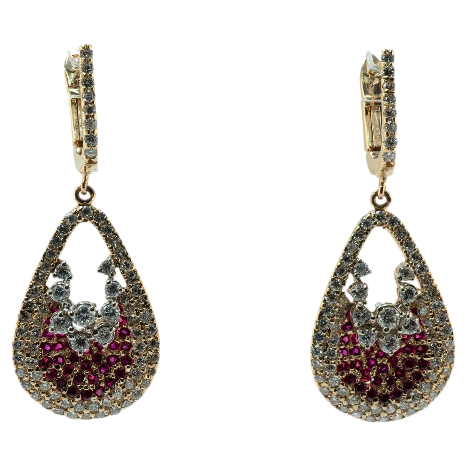 Diamond Ruby Earrings Dangle Drop Estate 14K Gold