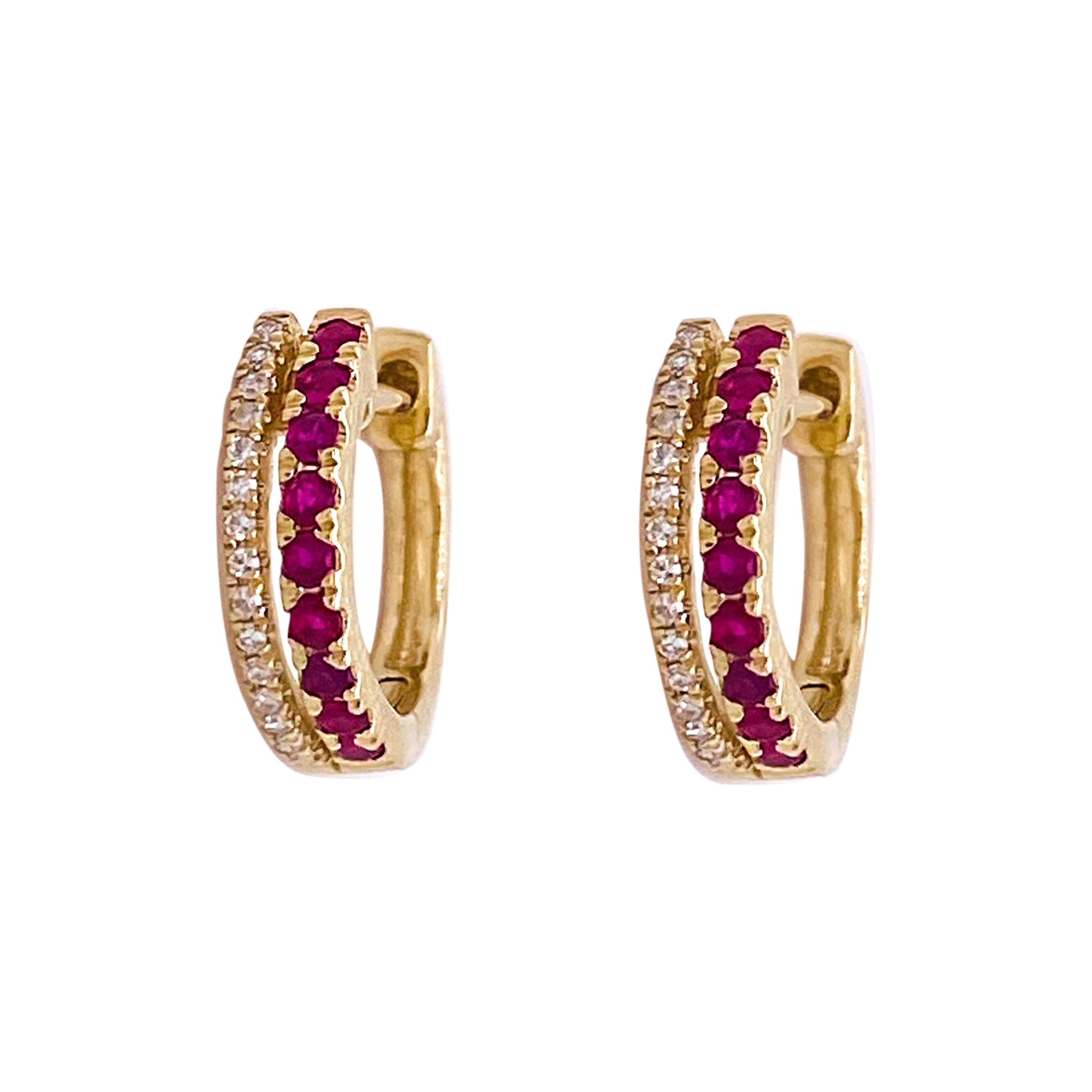 Diamond Ruby Earrings Hoops, 14 Karat Gold Huggies w Rubies and Diamonds Hinge For Sale