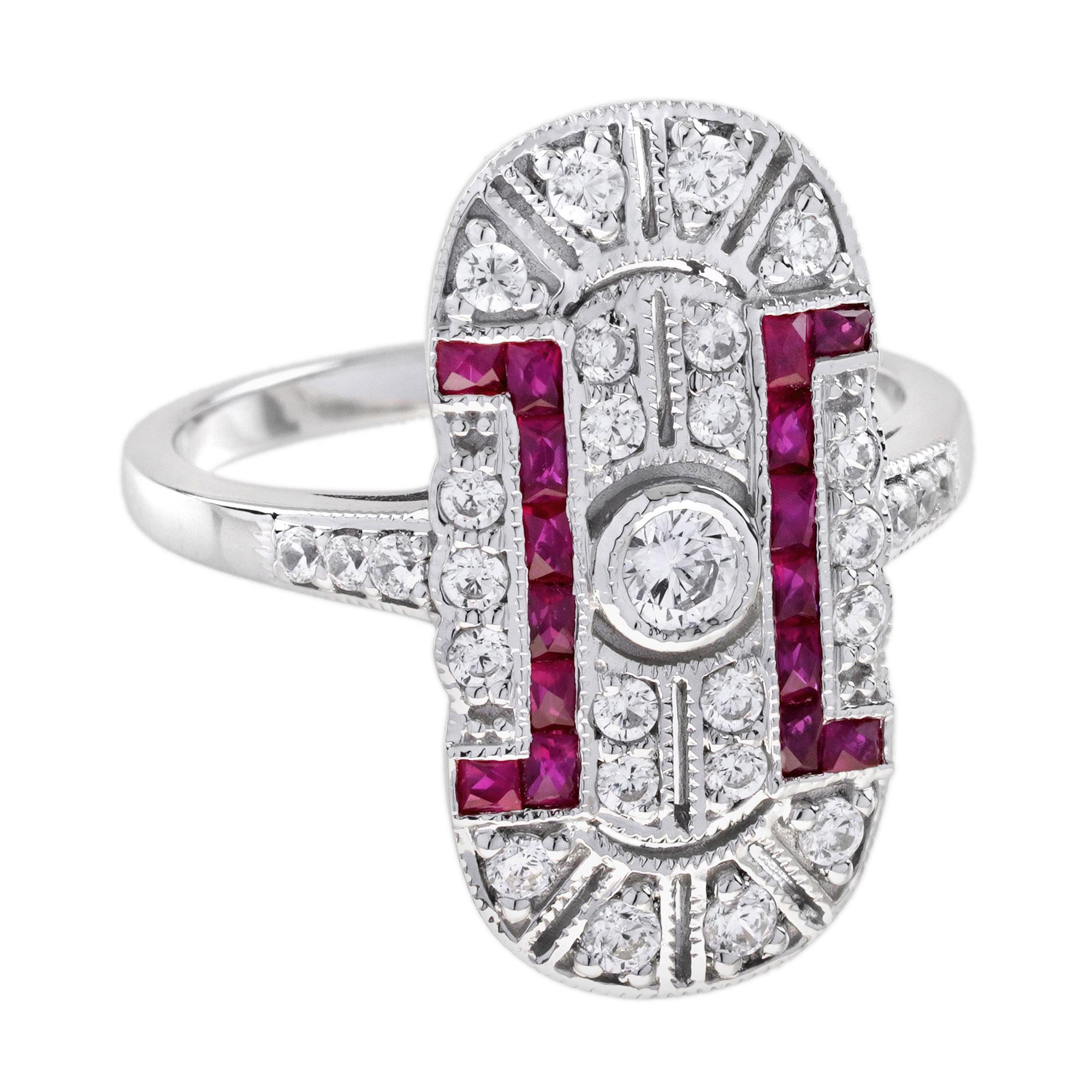 Round Cut Diamond Ruby Edwardian Style Openwork Cocktail Ring in 18K White Gold For Sale