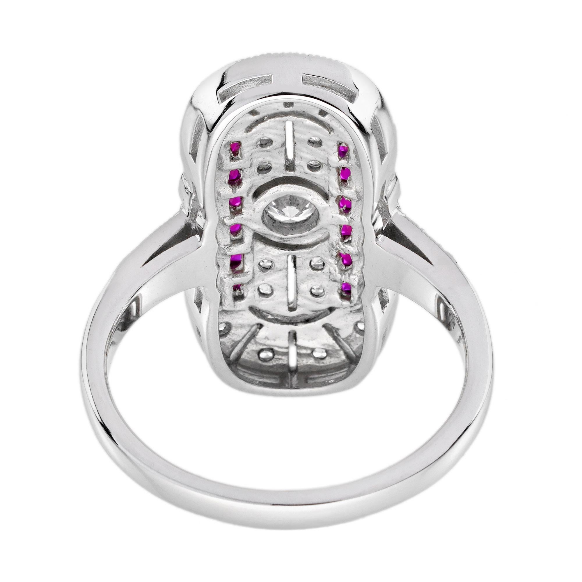 Women's Diamond Ruby Edwardian Style Openwork Cocktail Ring in 18K White Gold For Sale