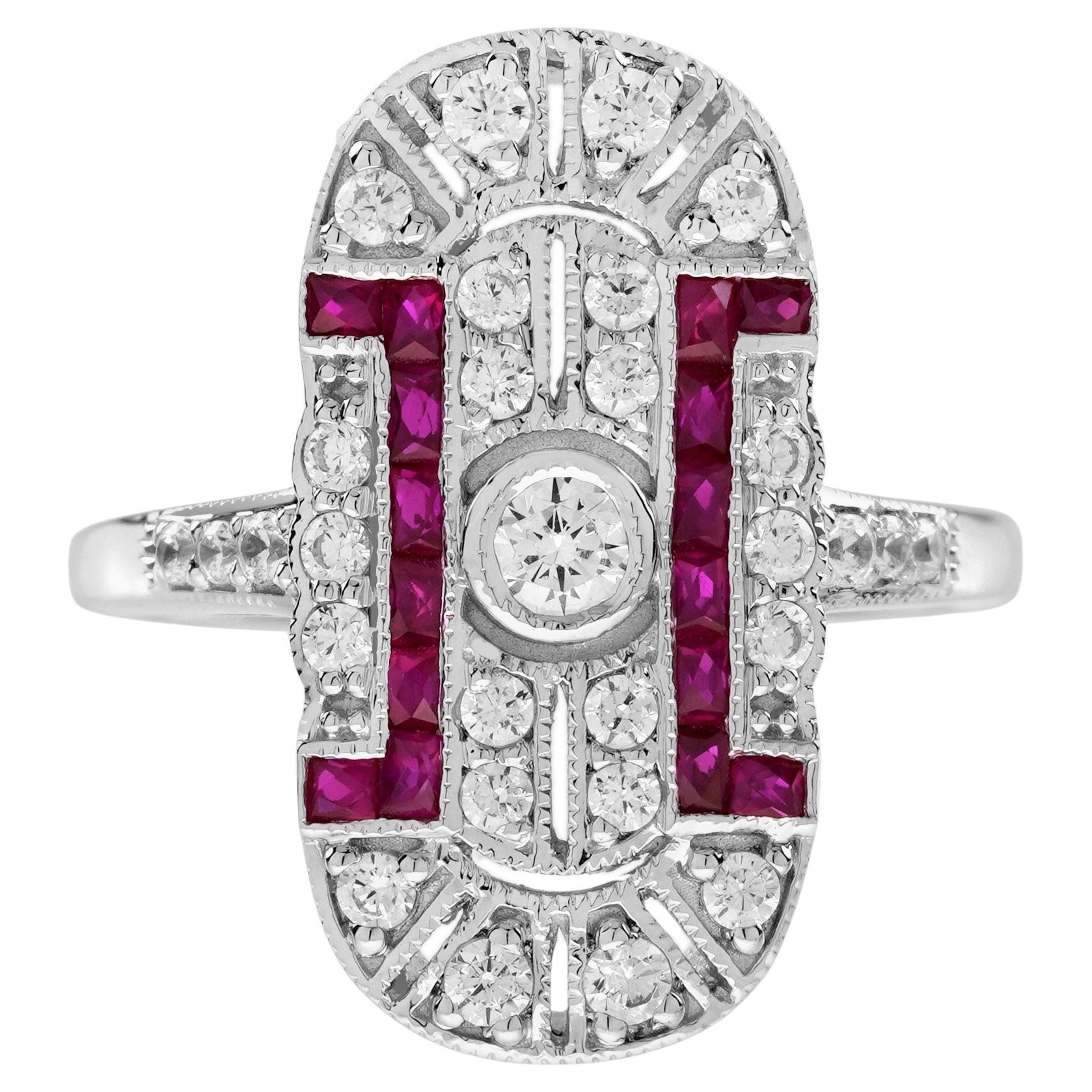 Anello da cocktail traforato con diamante e rubino in stile edoardiano in oro bianco 18 carati