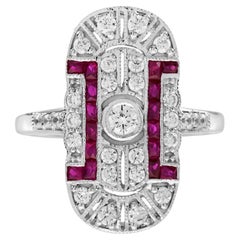 Offener Cocktailring aus 18 Karat Weißgold mit Diamanten und Rubin im edwardianischen Stil