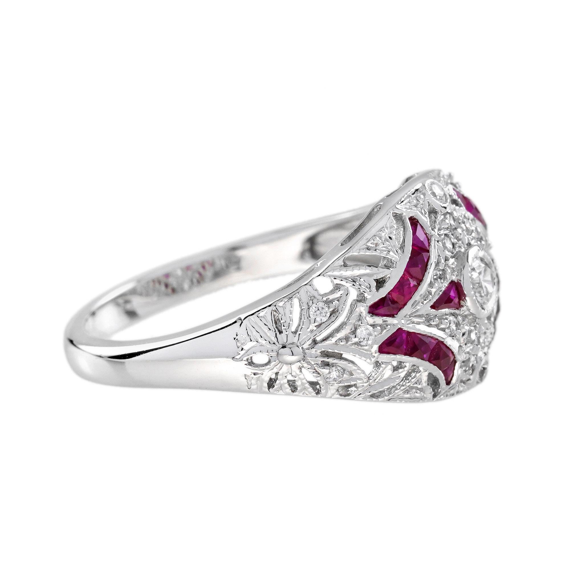Taglio rotondo Anello a cupola traforata con diamante e rubino in stile edoardiano in oro bianco 14K in vendita