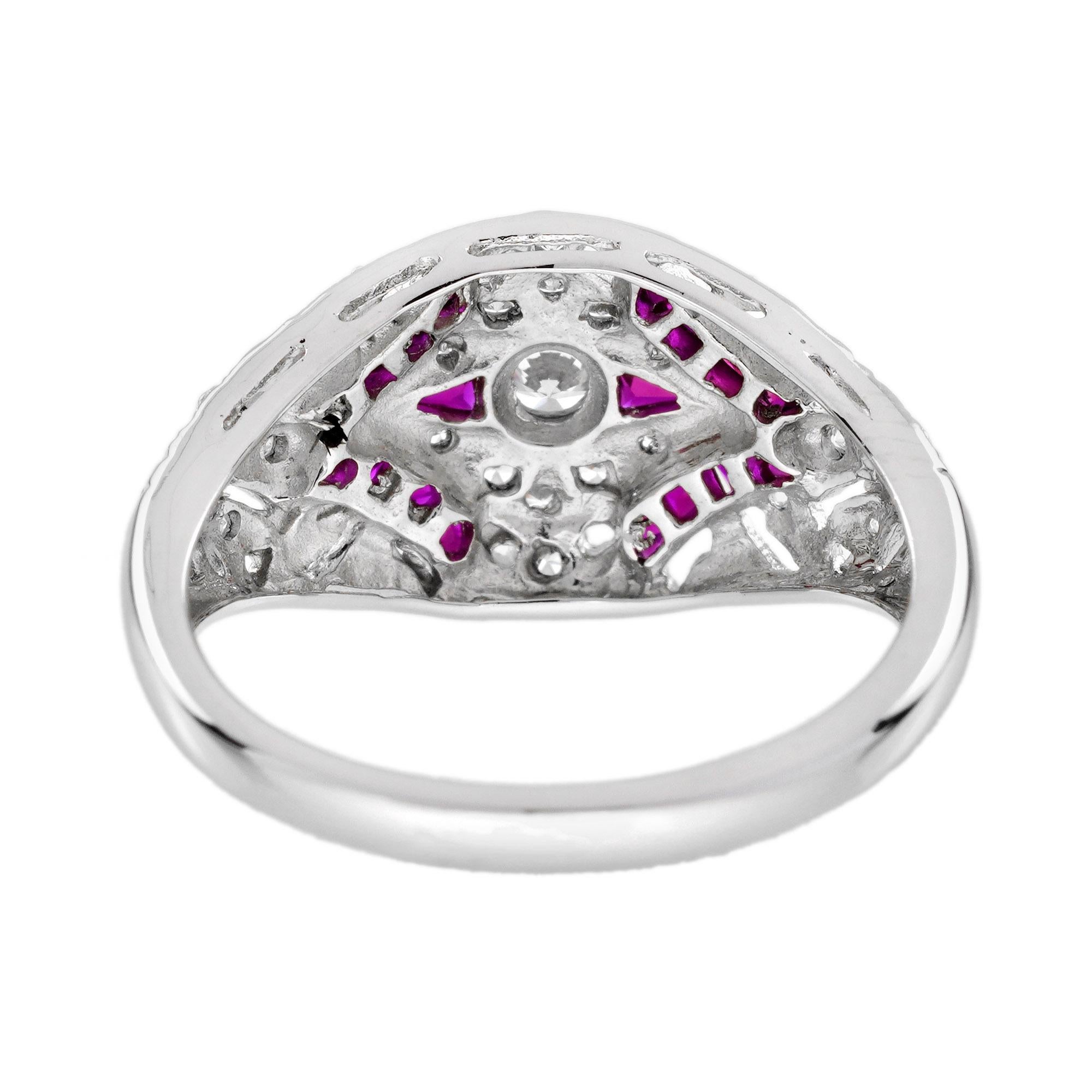 Anello a cupola traforata con diamante e rubino in stile edoardiano in oro bianco 14K In condizioni Nuovo in vendita a Bangkok, TH