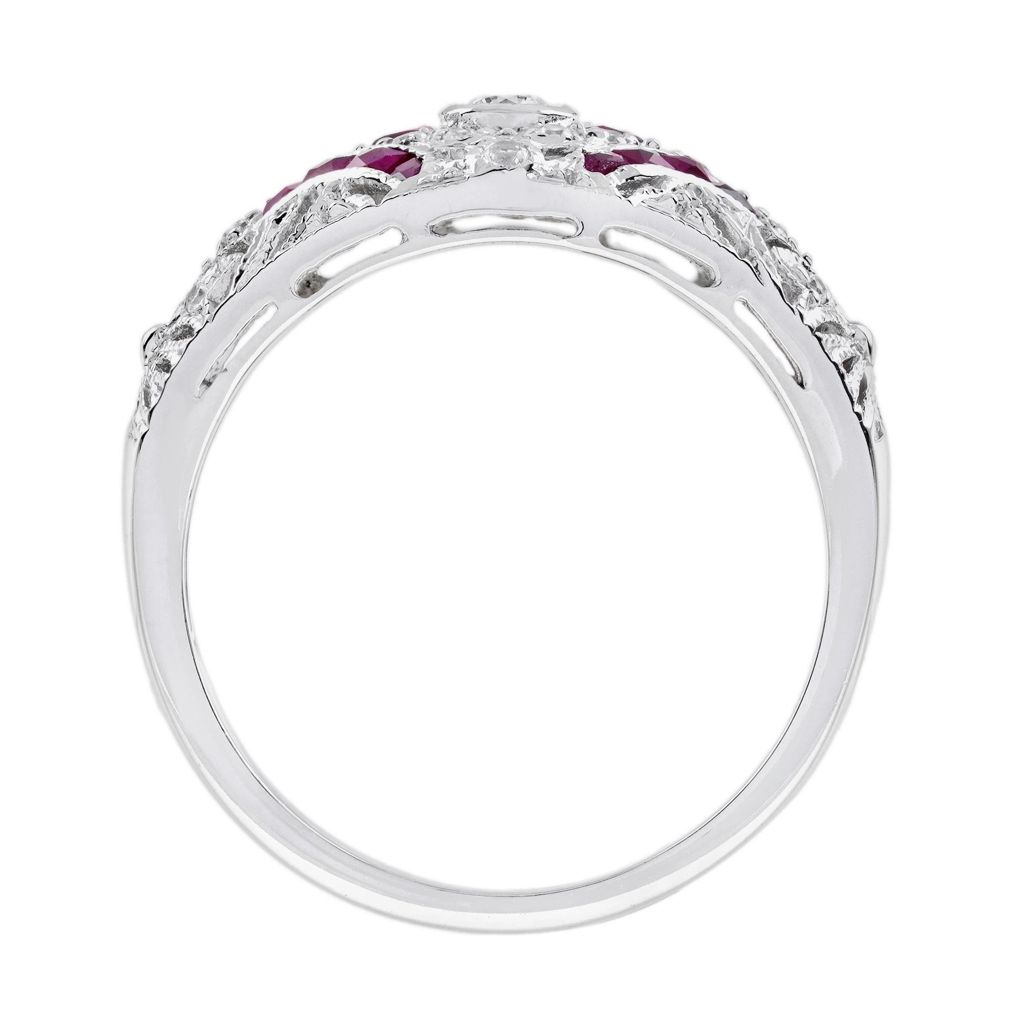 Donna Anello a cupola traforata con diamante e rubino in stile edoardiano in oro bianco 14K in vendita