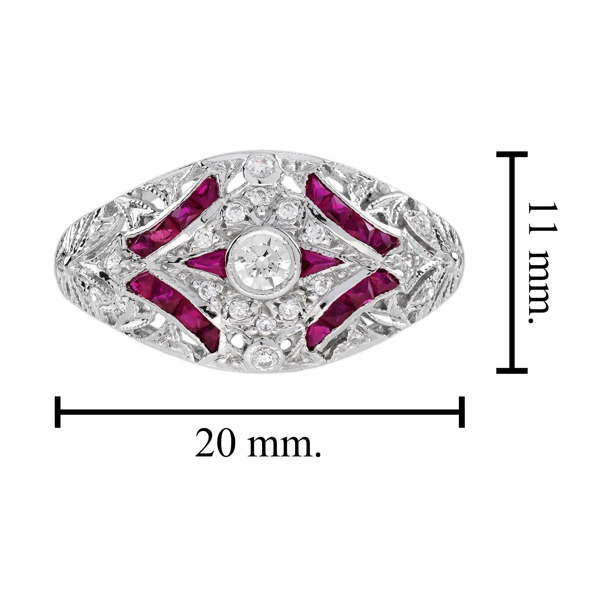 Anello a cupola traforata con diamante e rubino in stile edoardiano in oro bianco 14K in vendita 1