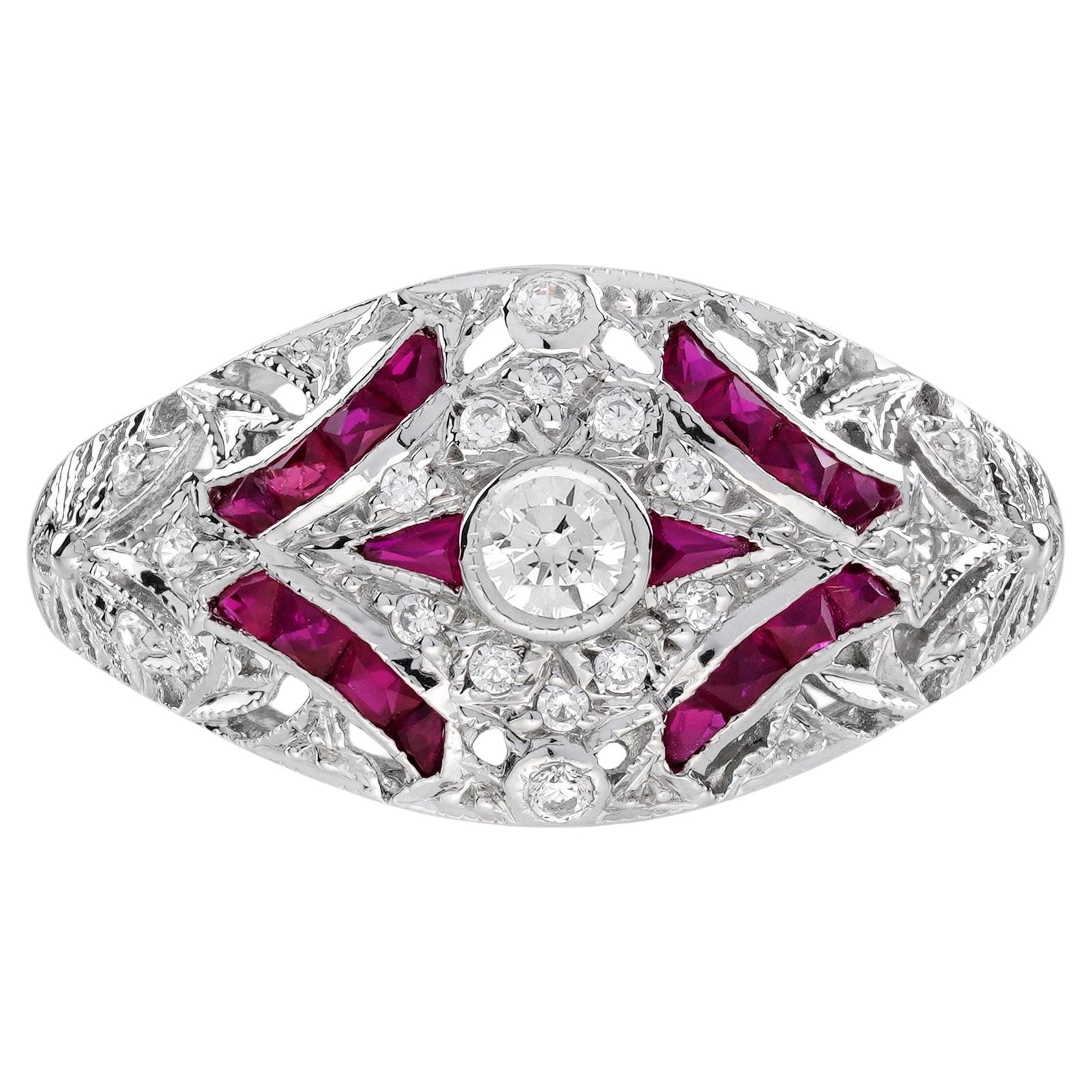 Diamond Ruby Edwardian Style Openwork Dome Ring in 14K White Gold
