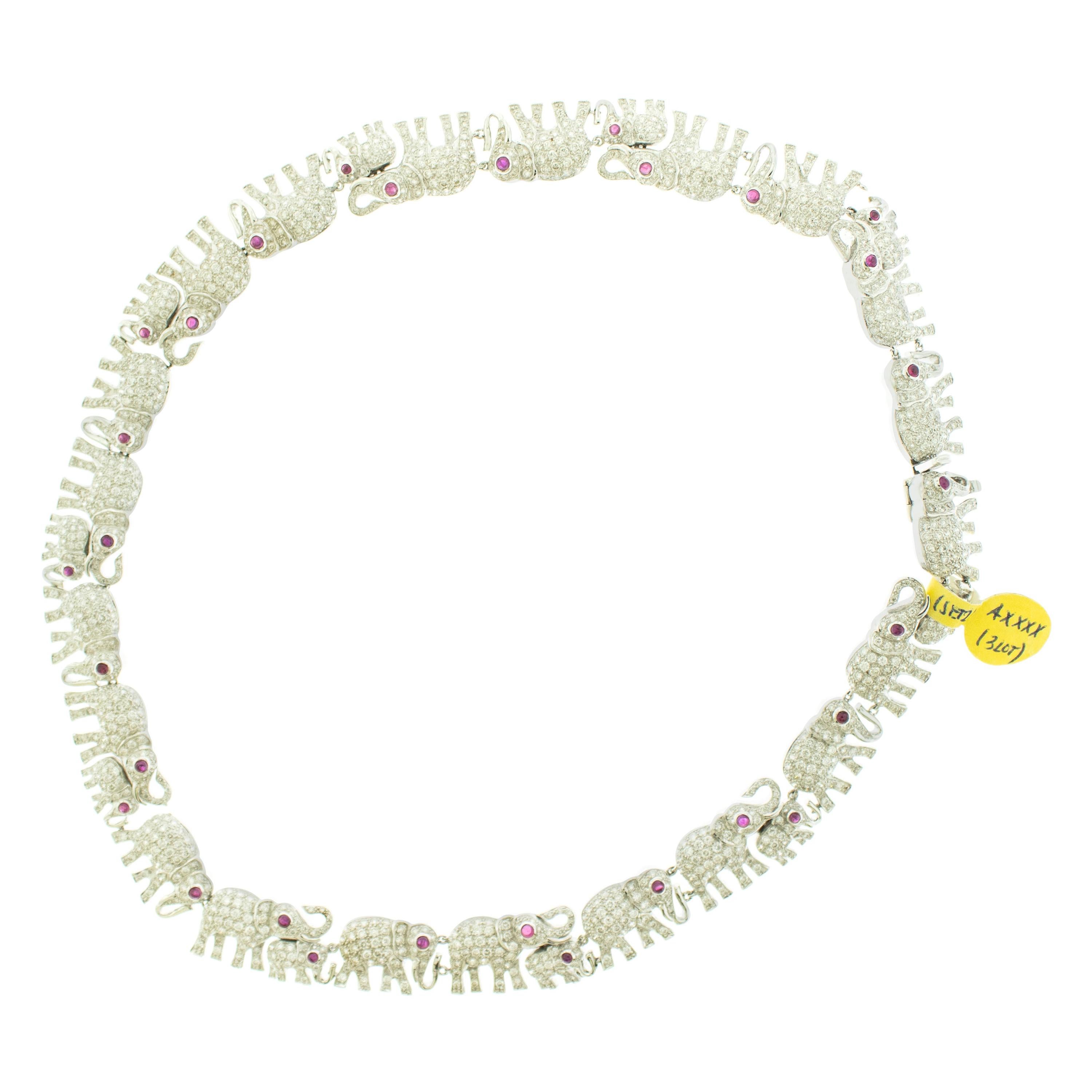 Diamond Ruby Elephant 18 Karat White Gold Bracelet Necklace Set 