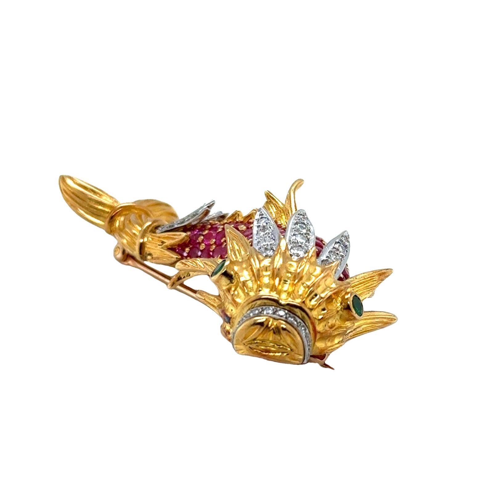 Contemporary Diamond Ruby Emerald 18 Karat Yellow Gold Oriental Dragon Fish Vintage Brooch