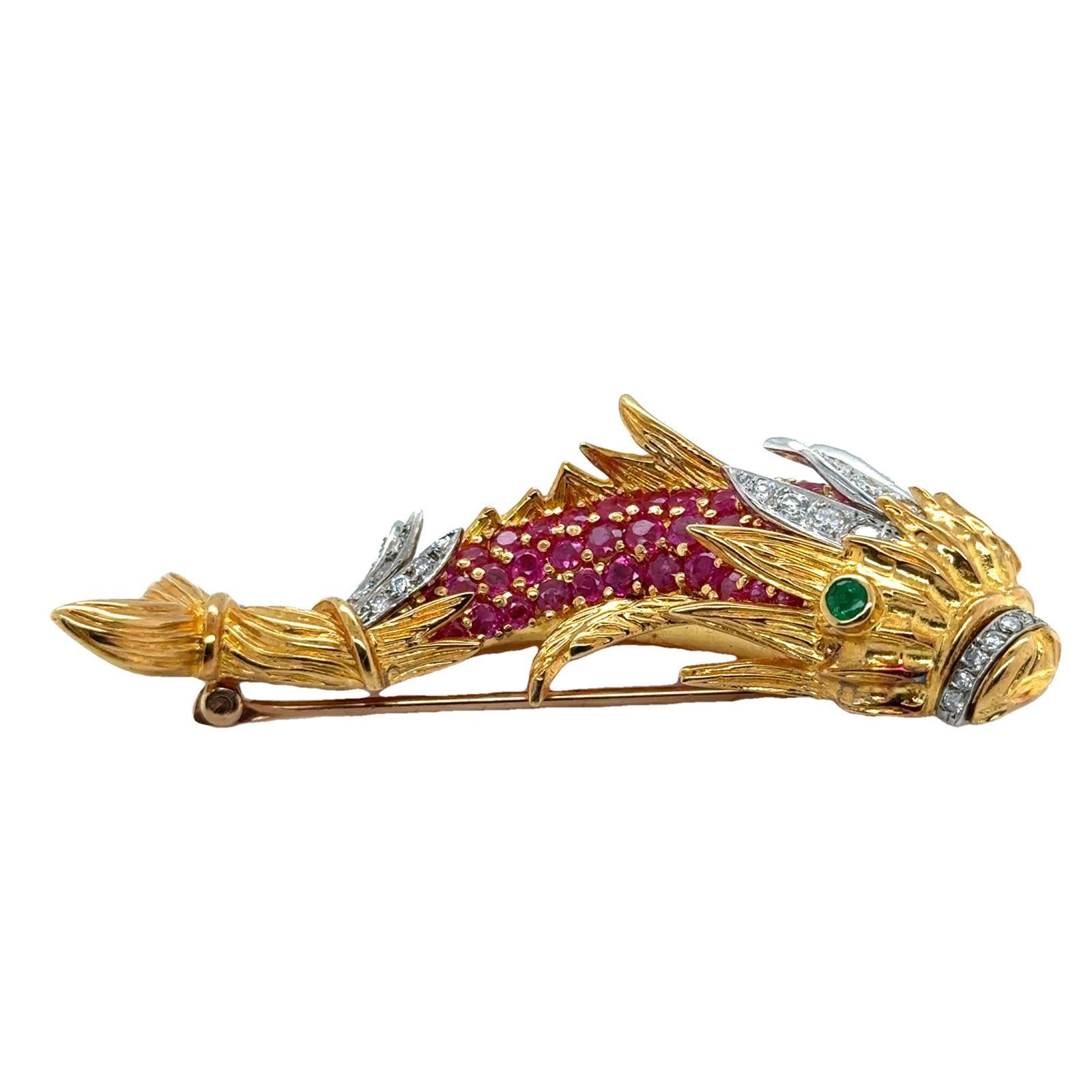 Round Cut Diamond Ruby Emerald 18 Karat Yellow Gold Oriental Dragon Fish Vintage Brooch