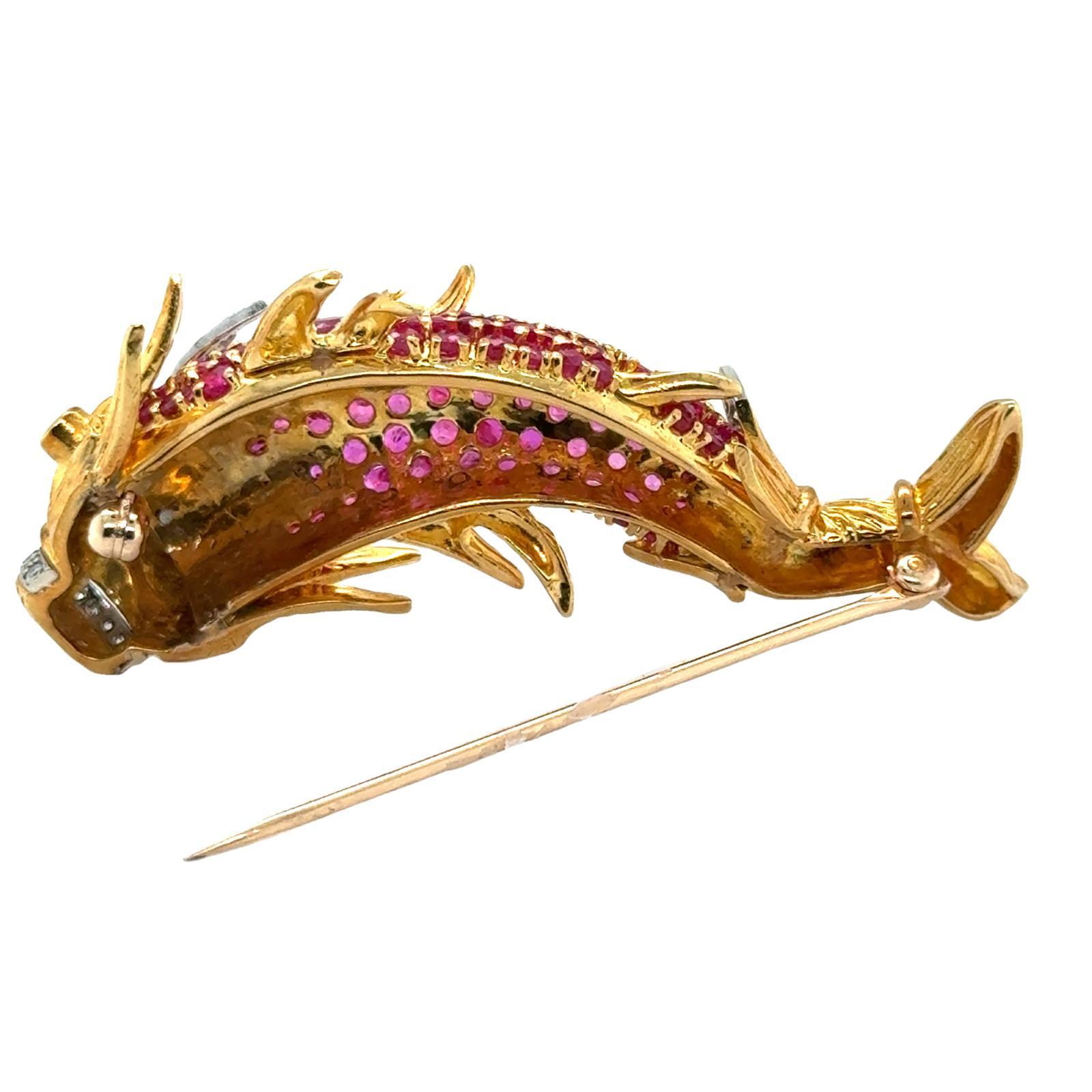 Women's Diamond Ruby Emerald 18 Karat Yellow Gold Oriental Dragon Fish Vintage Brooch
