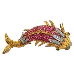Diamond Ruby Emerald 18 Karat Yellow Gold Oriental Dragon Fish Vintage Brooch
