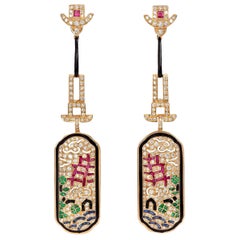 Diamond, Ruby, Emerald and Blue Sapphire Art Deco Style Earring