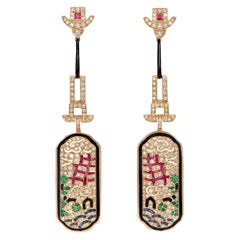 Diamond, Ruby, Emerald and Blue Sapphire Art Deco Style Earring
