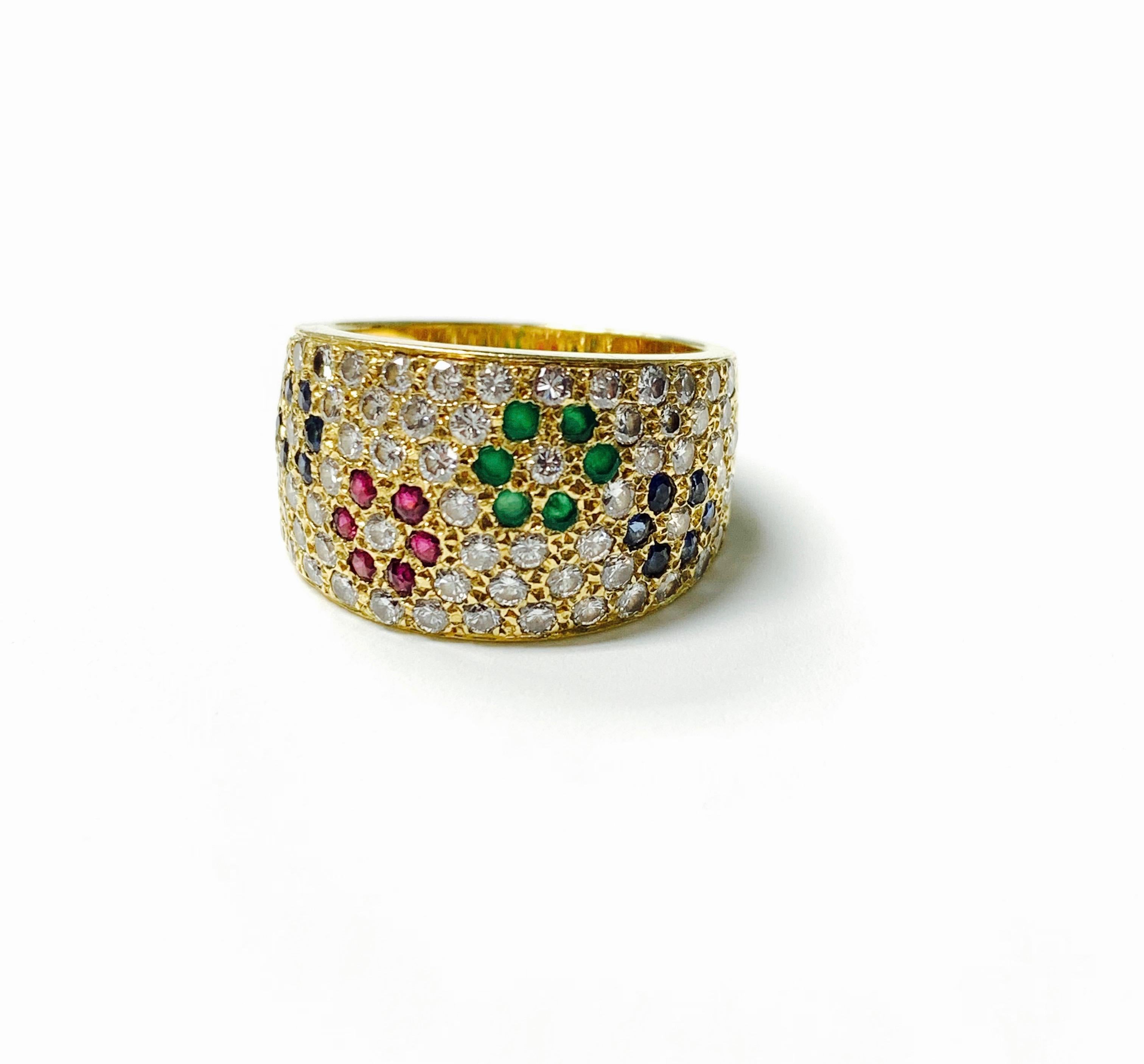 Diamond, Ruby, Emerald and Blue Sapphire Ring in 18 K Gold 4