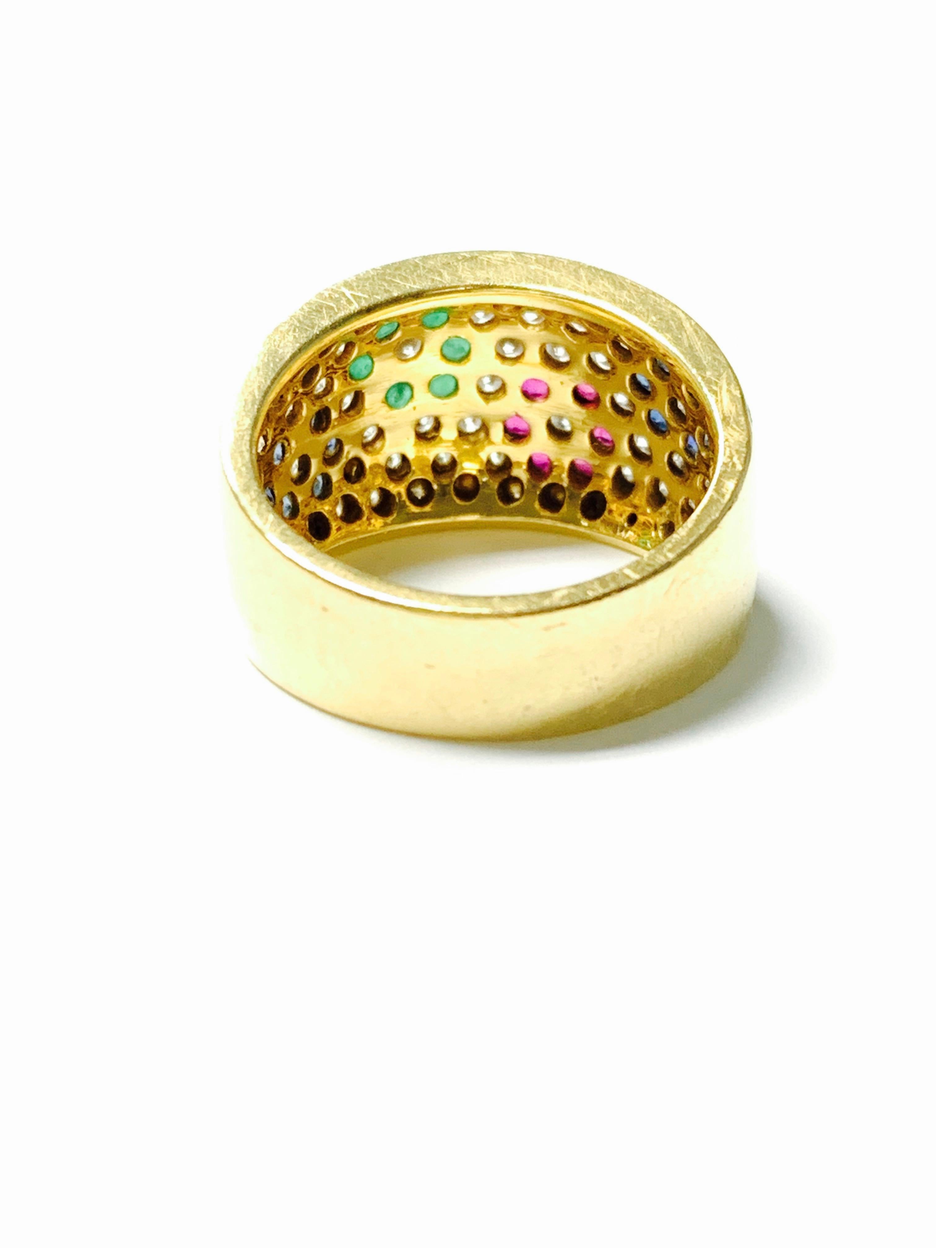 Contemporary Diamond, Ruby, Emerald and Blue Sapphire Ring in 18 K Gold