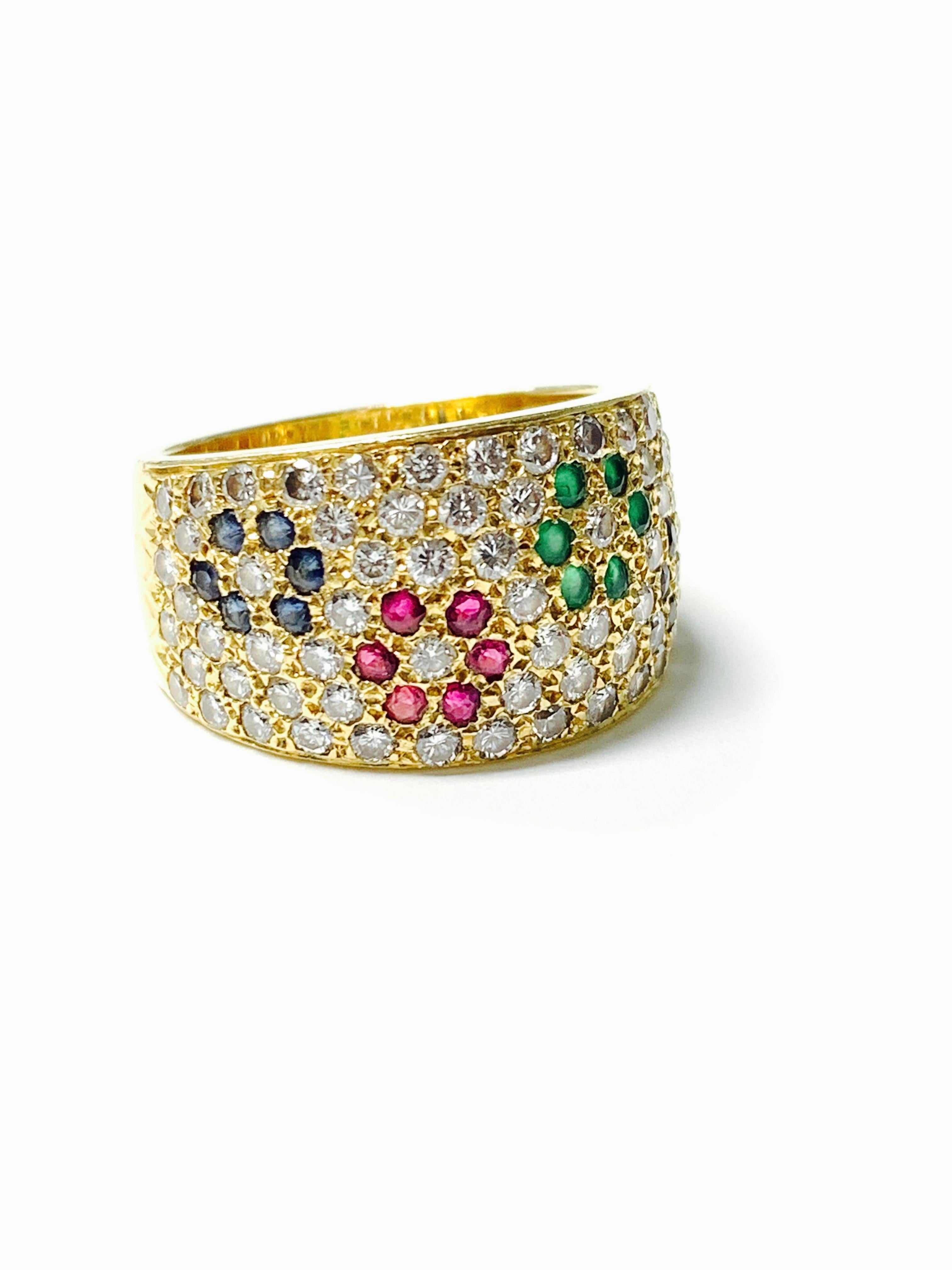 Round Cut Diamond, Ruby, Emerald and Blue Sapphire Ring in 18 K Gold