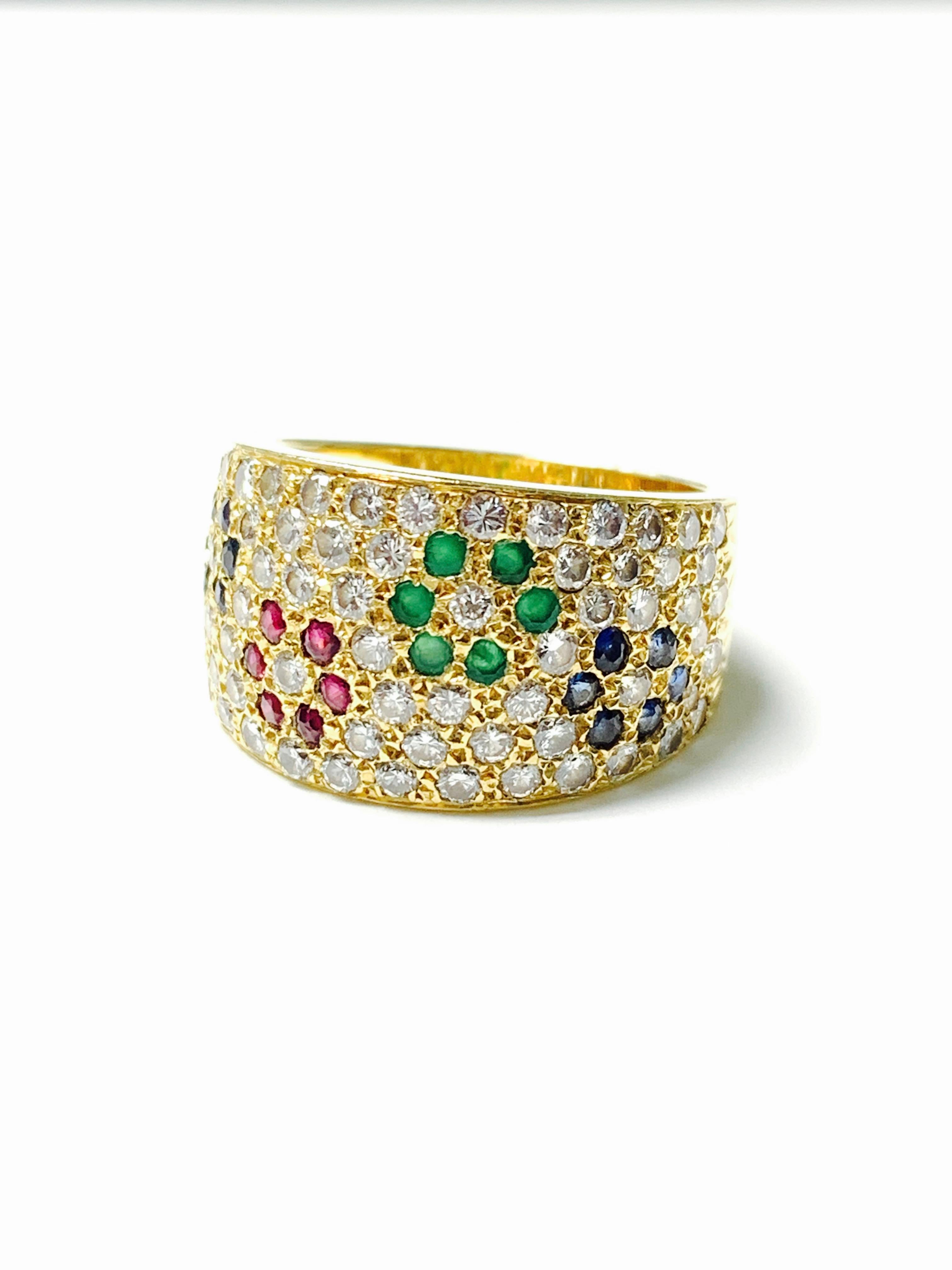 Diamond, Ruby, Emerald and Blue Sapphire Ring in 18 K Gold In Excellent Condition In New York, NY