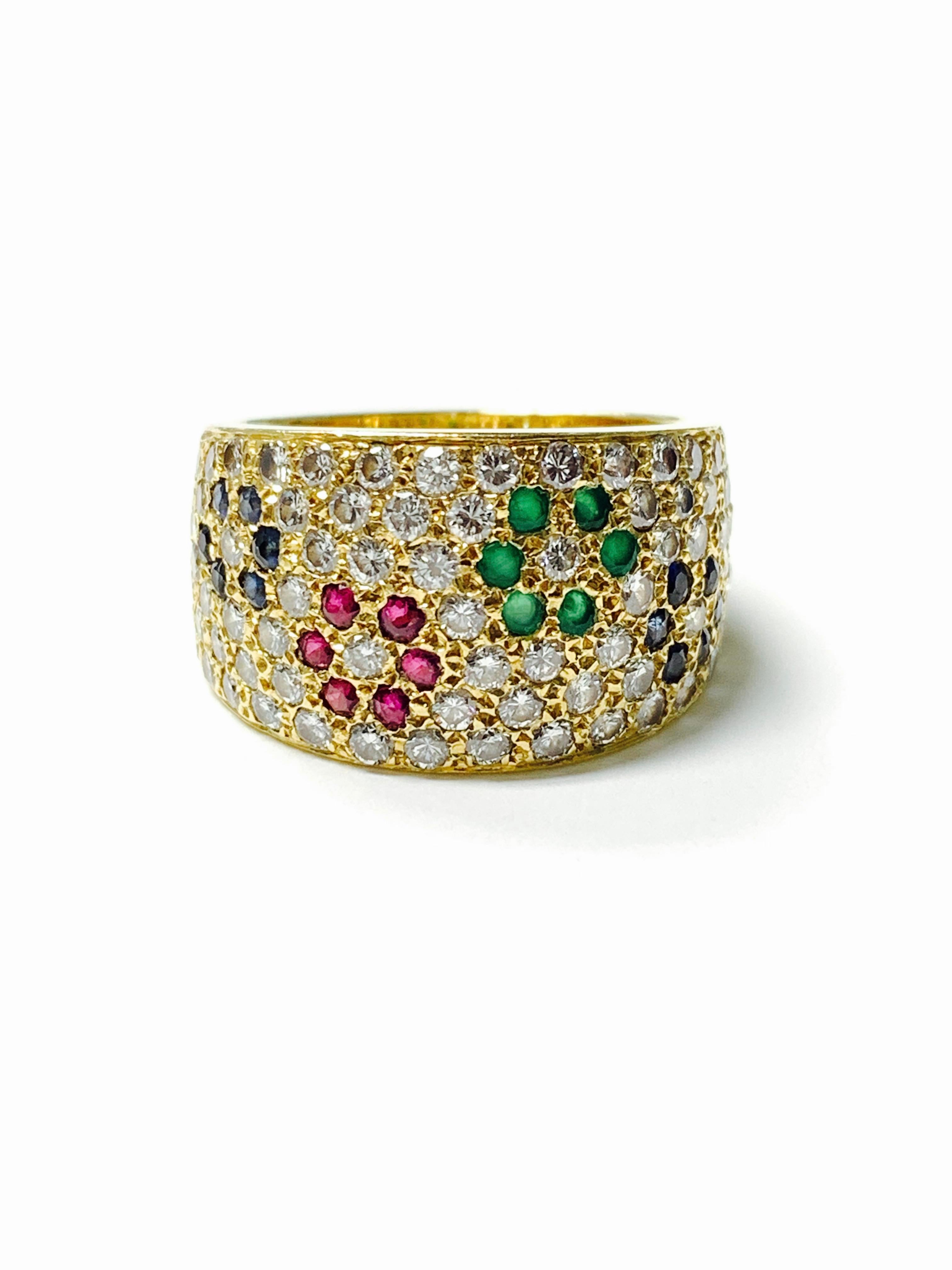 Women's or Men's Diamond, Ruby, Emerald and Blue Sapphire Ring in 18 K Gold