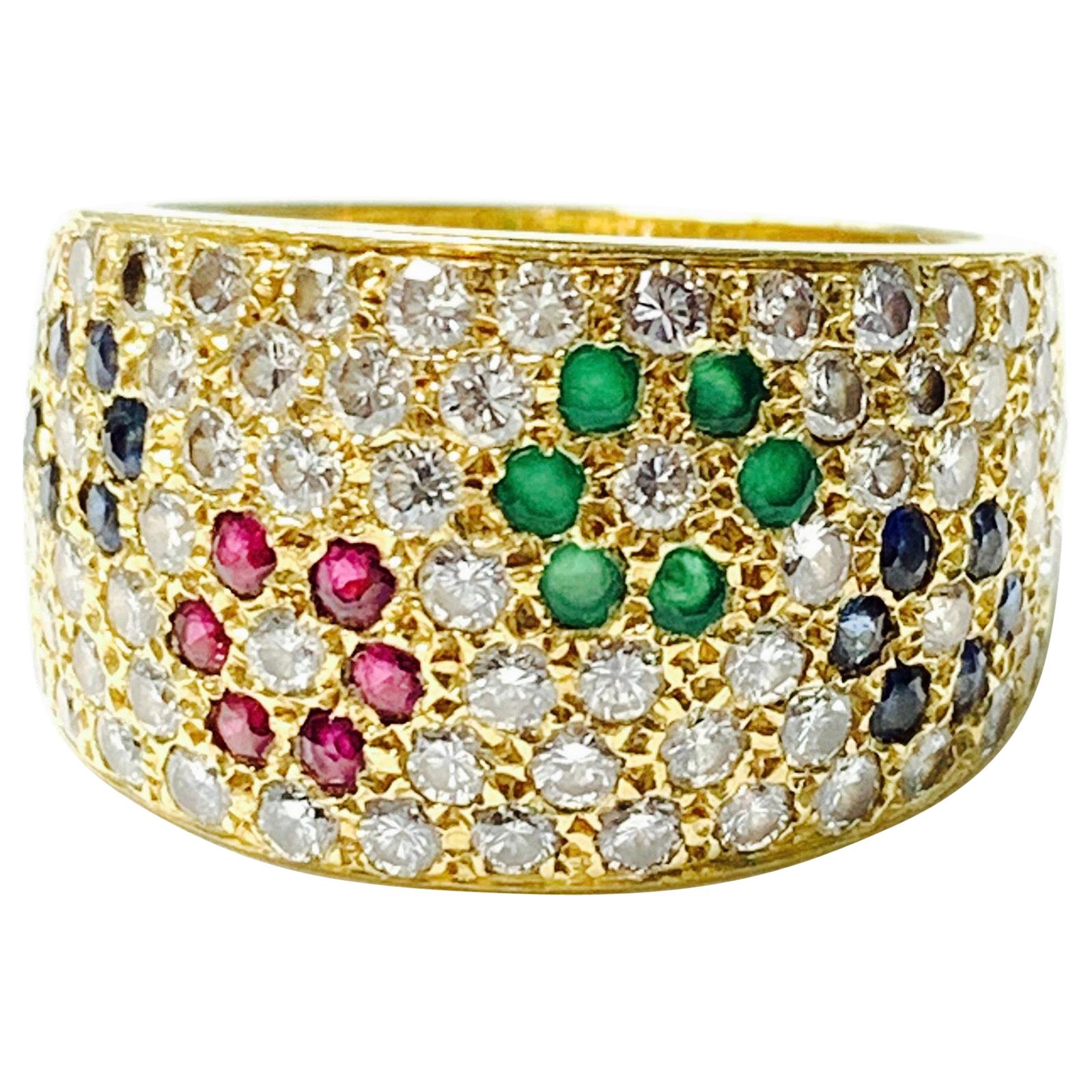 Diamond, Ruby, Emerald and Blue Sapphire Ring in 18 K Gold