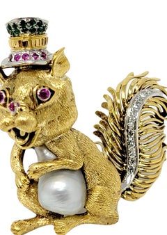 Diamond, Ruby, Emerald and Pearl Squirrel Brooch 14 Karat Yellow and White Gold