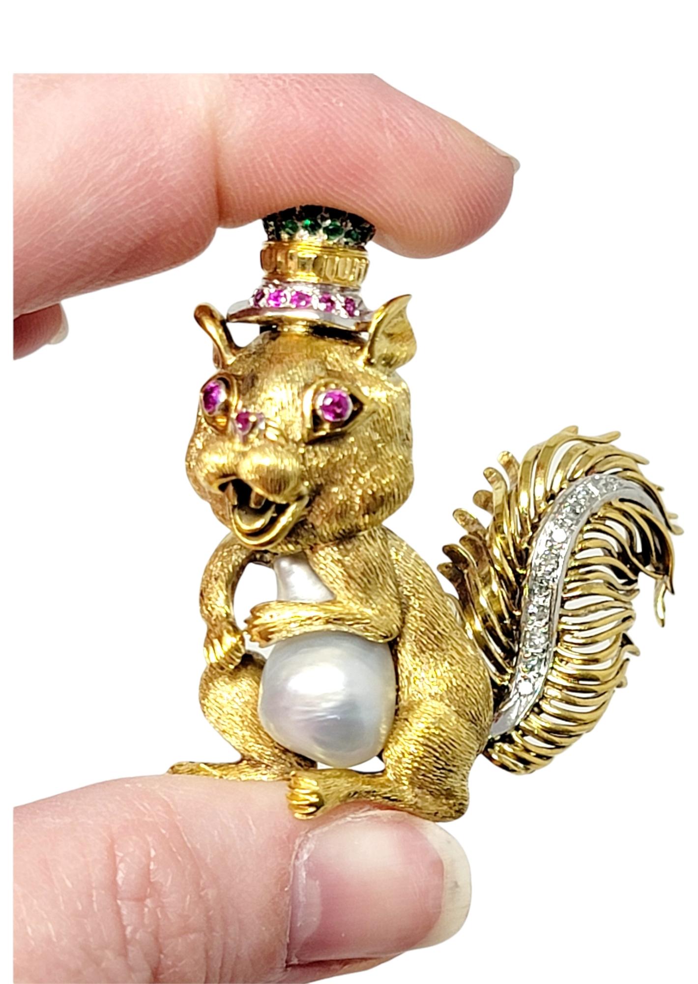 Contemporary Diamond, Ruby, Emerald and Pearl Squirrel Brooch 14 Karat Yellow and White Gold For Sale