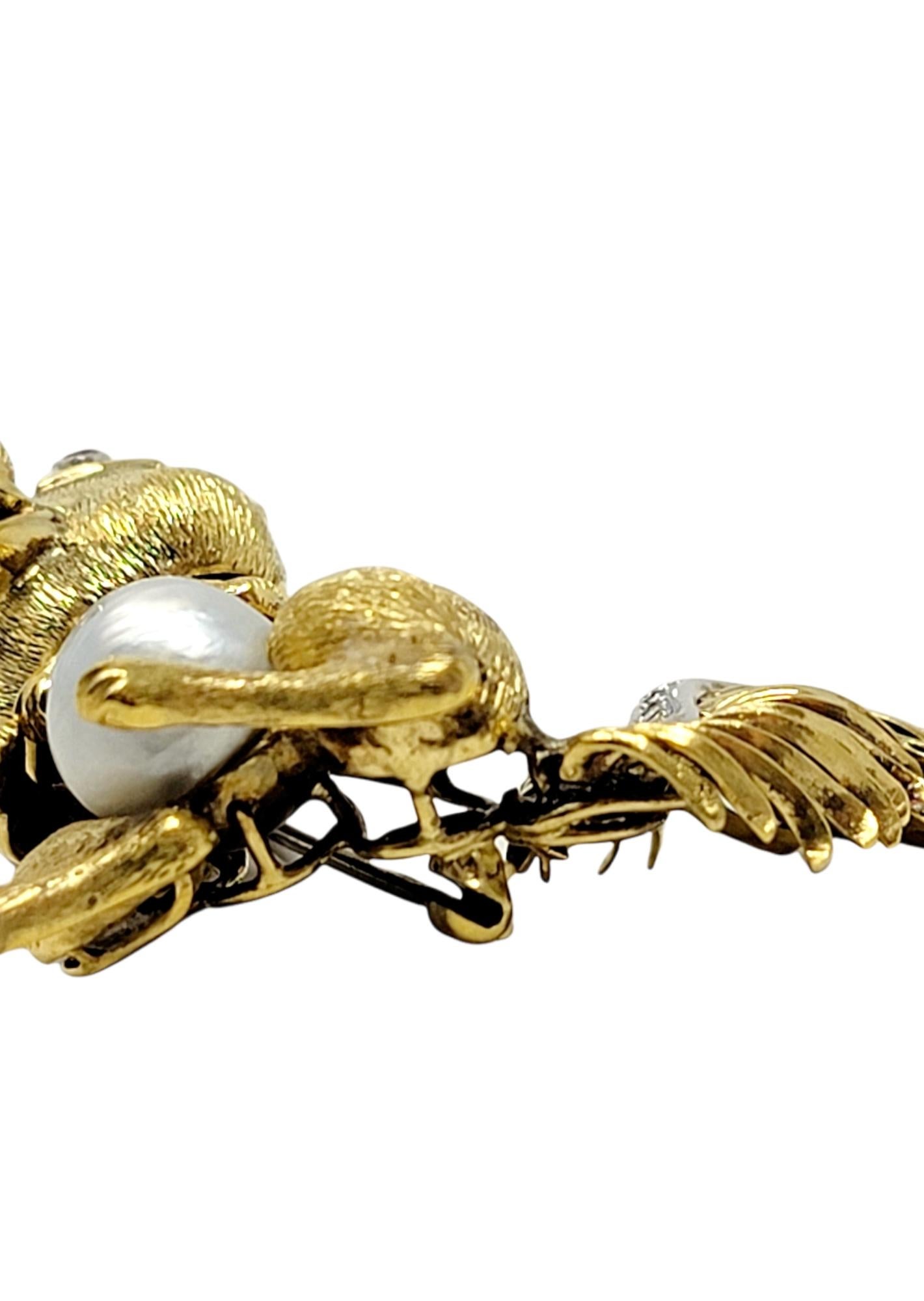 Round Cut Diamond, Ruby, Emerald and Pearl Squirrel Brooch 14 Karat Yellow and White Gold For Sale