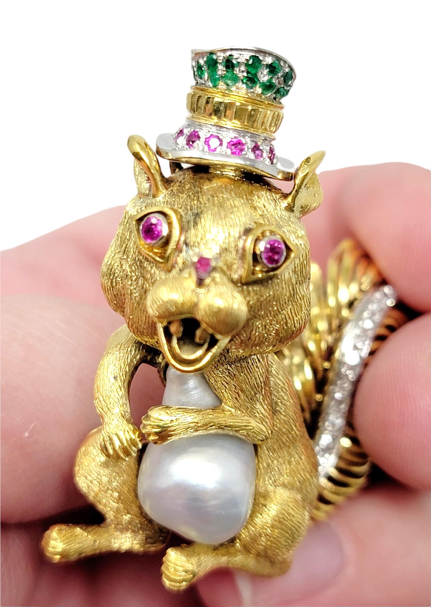 Diamond, Ruby, Emerald and Pearl Squirrel Brooch 14 Karat Yellow and White Gold In Good Condition For Sale In Scottsdale, AZ