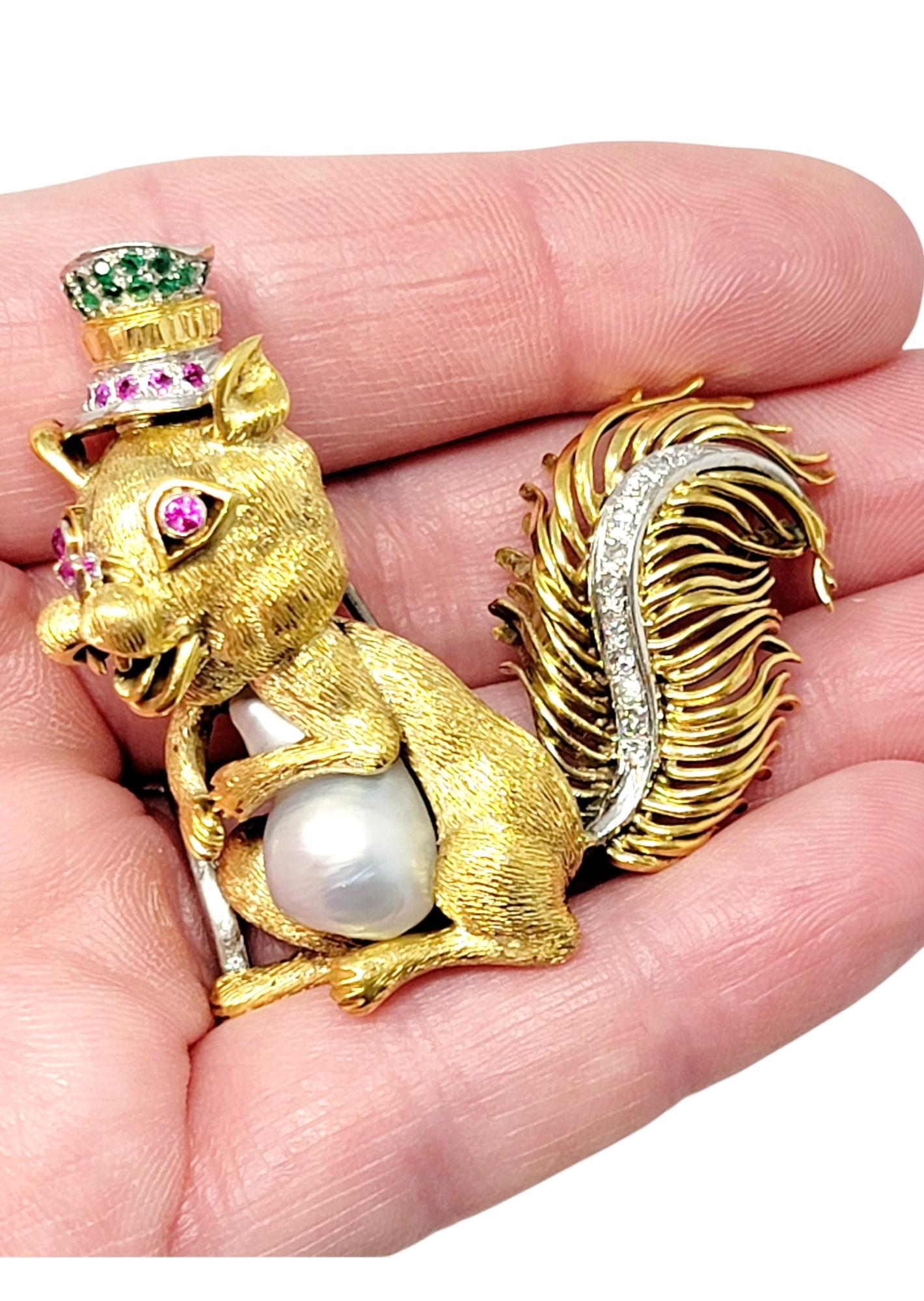 Women's or Men's Diamond, Ruby, Emerald and Pearl Squirrel Brooch 14 Karat Yellow and White Gold For Sale