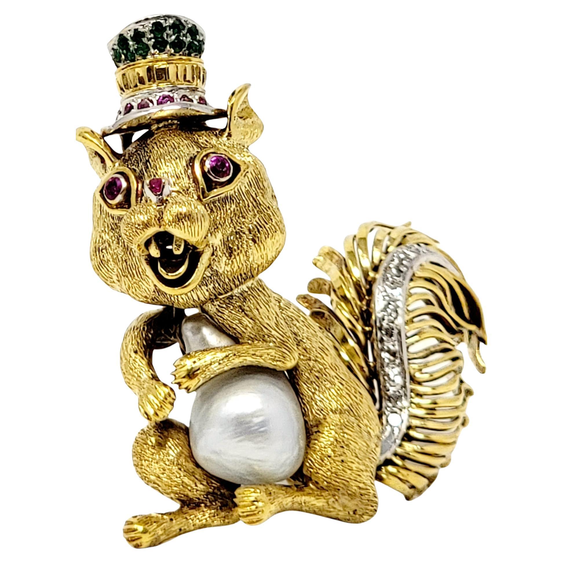 Diamond, Ruby, Emerald and Pearl Squirrel Brooch 14 Karat Yellow and White Gold For Sale