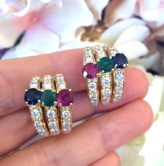 Diamond, Ruby, Emerald, and Sapphire Half Hoop Earrings in 18k & 14k Yellow Gold