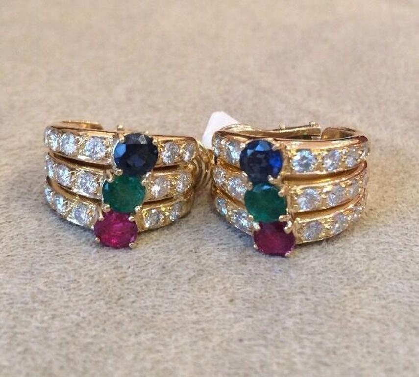 Round Cut Diamond, Ruby, Emerald, and Sapphire Half Hoop Earrings in 18k Yellow Gold For Sale