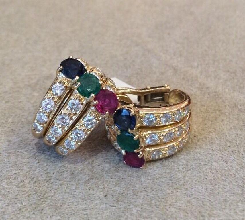 Diamond, Ruby, Emerald, and Sapphire Half Hoop Earrings in 18k Yellow Gold In Excellent Condition For Sale In La Jolla, CA