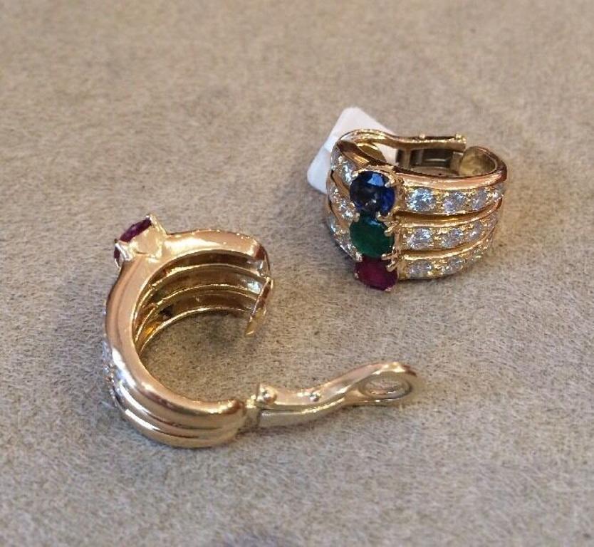 Women's Diamond, Ruby, Emerald, and Sapphire Half Hoop Earrings in 18k Yellow Gold For Sale