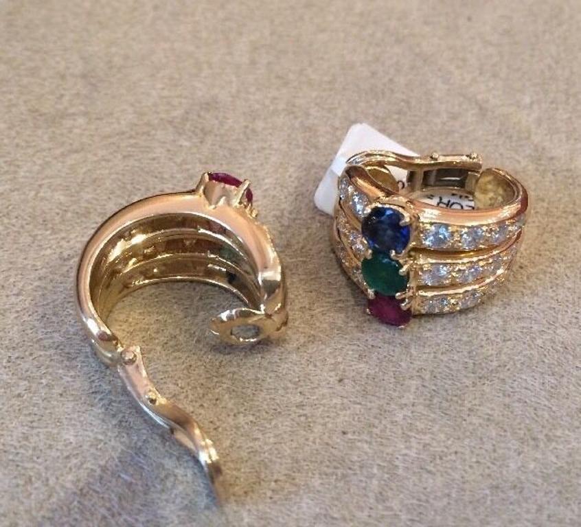 Diamond, Ruby, Emerald, and Sapphire Half Hoop Earrings in 18k Yellow Gold For Sale 1
