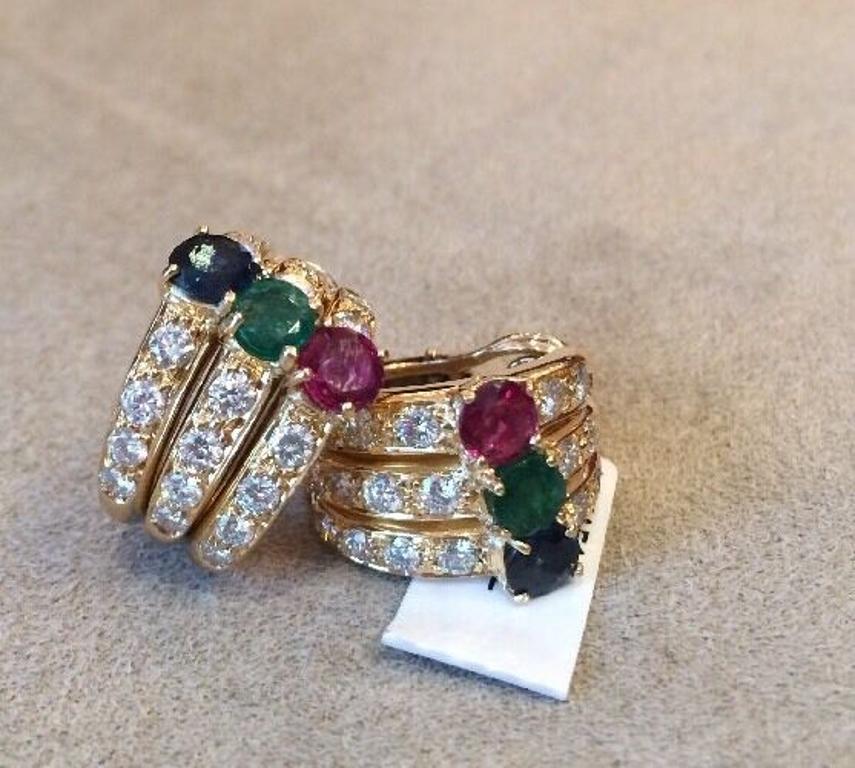 Diamond, Ruby, Emerald, and Sapphire Half Hoop Earrings in 18k Yellow Gold For Sale 2