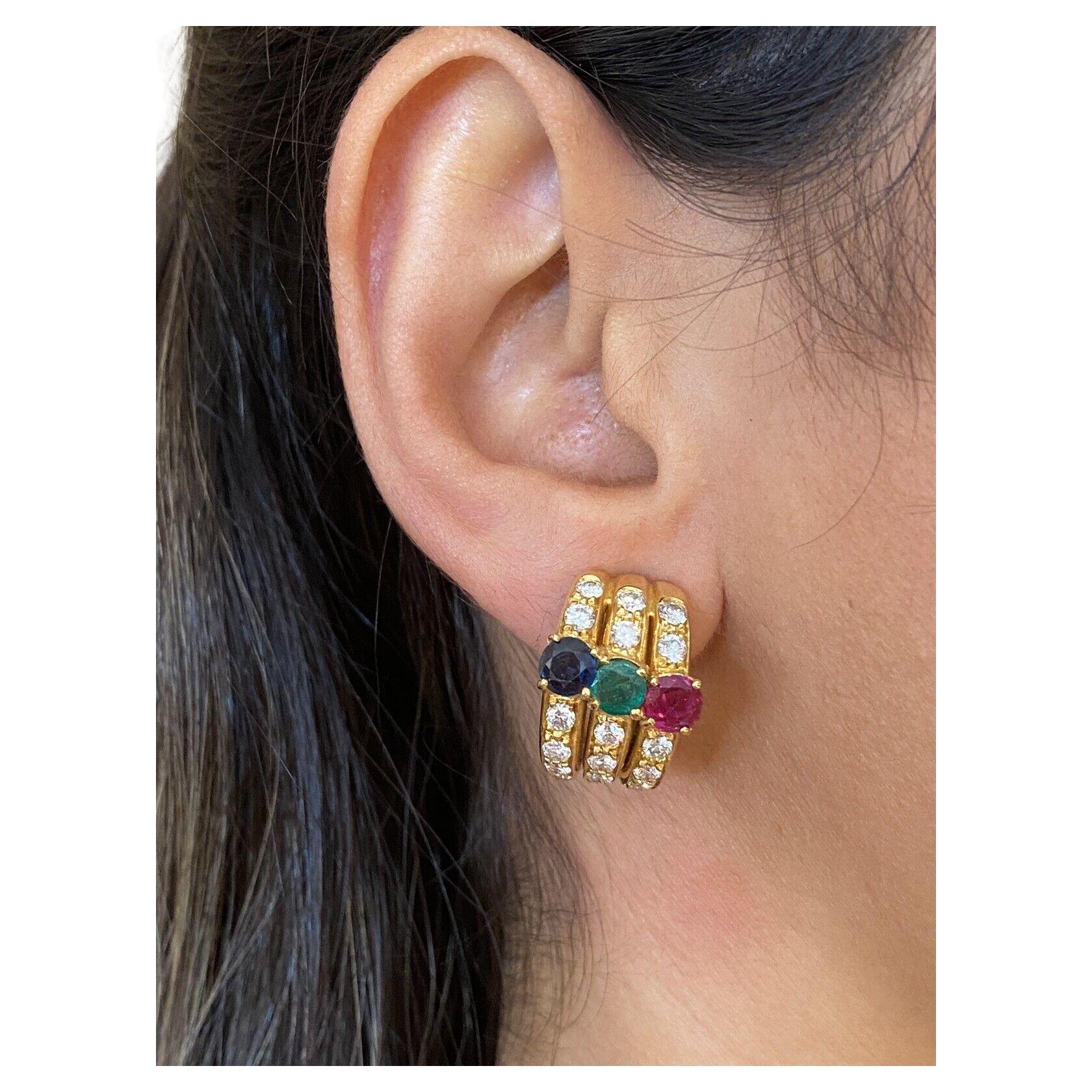 Diamond, Ruby, Emerald, and Sapphire Half Hoop Earrings in 18k Yellow Gold