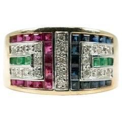 Retro Diamond, Ruby, Emerald, Blue Sapphire Ring