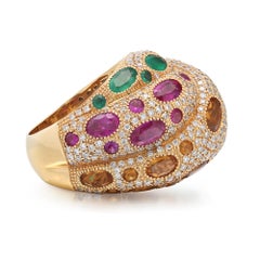 Diamond Ruby Emerald & Citrine Cocktail Dome Ring 18K Yellow Gold