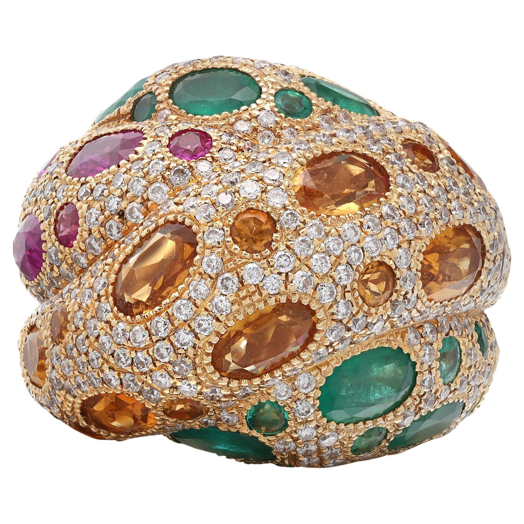 Diamond Ruby Emerald & Citrine Cocktail Dome Ring 18K Yellow Gold